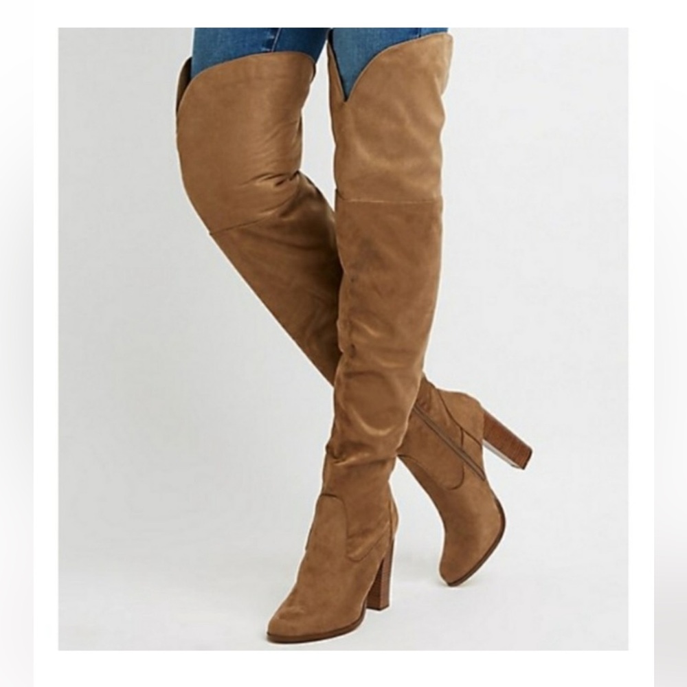 Charlotte Russe Boots Women's sz6 Tan 4" Heel Thigh High 24" Faux Suede Boho Y2K